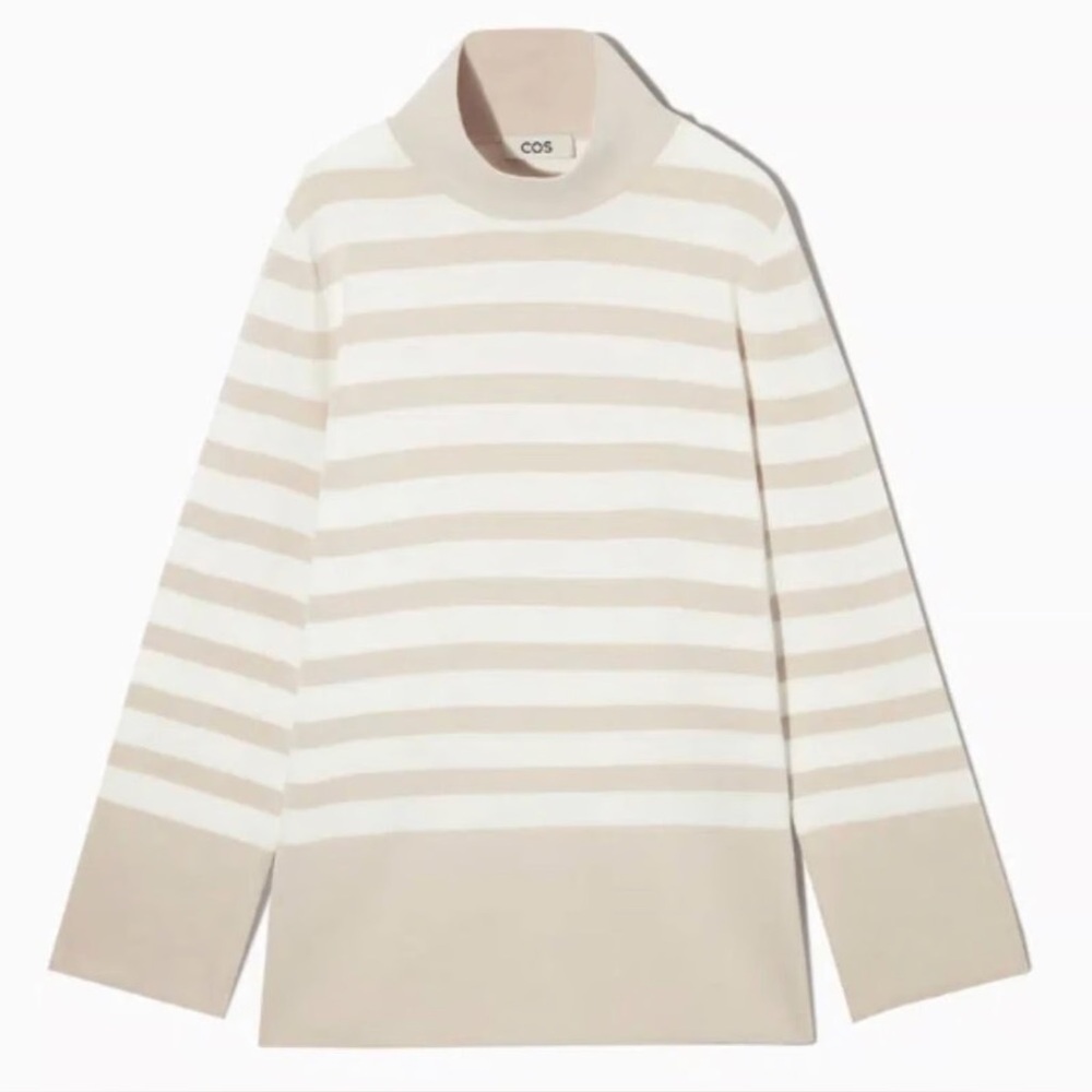 COS A Line Beige white stripe Roll Neck Top knit blouse size XS organic cotton